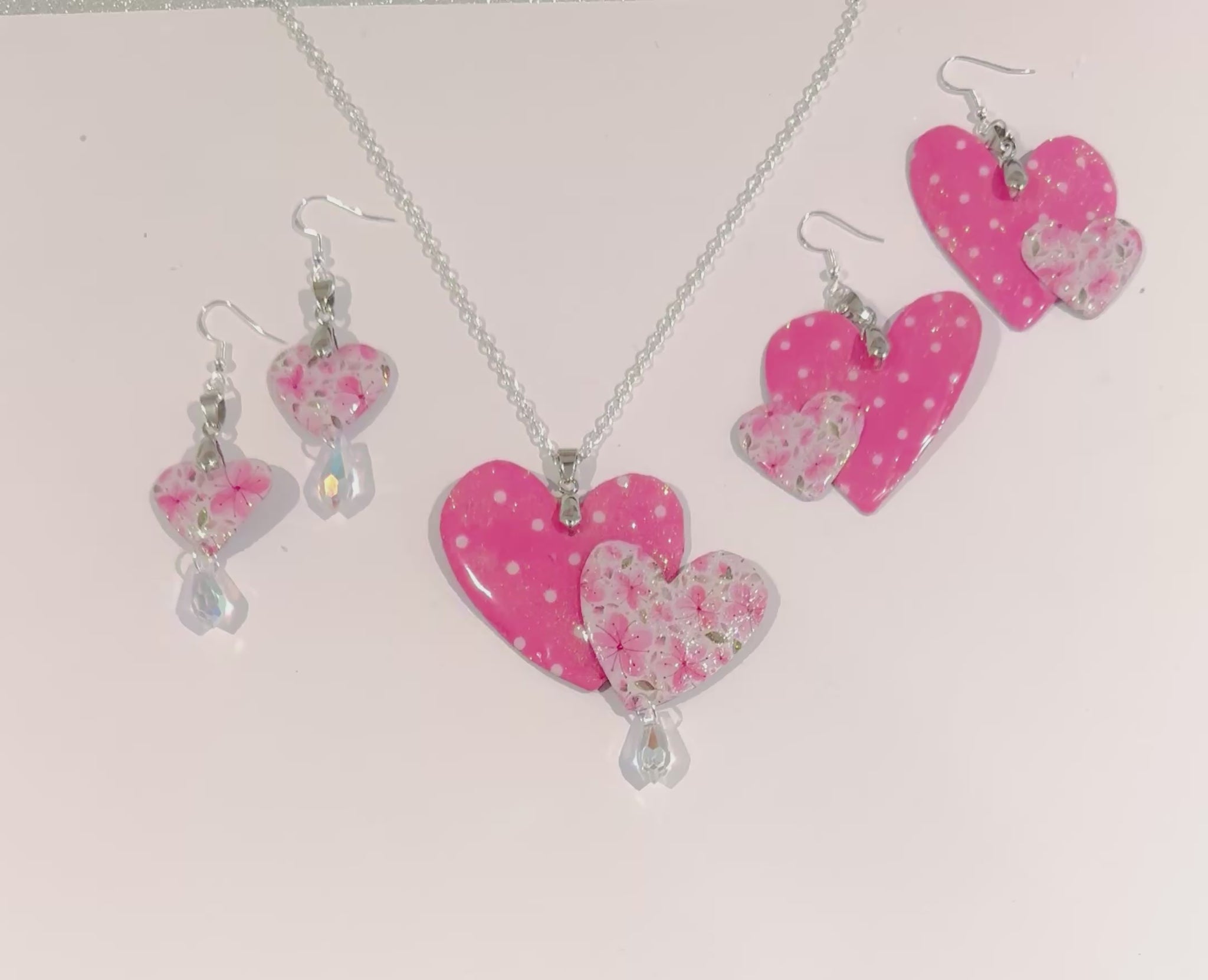 Pink heart drop earrings and pendant set