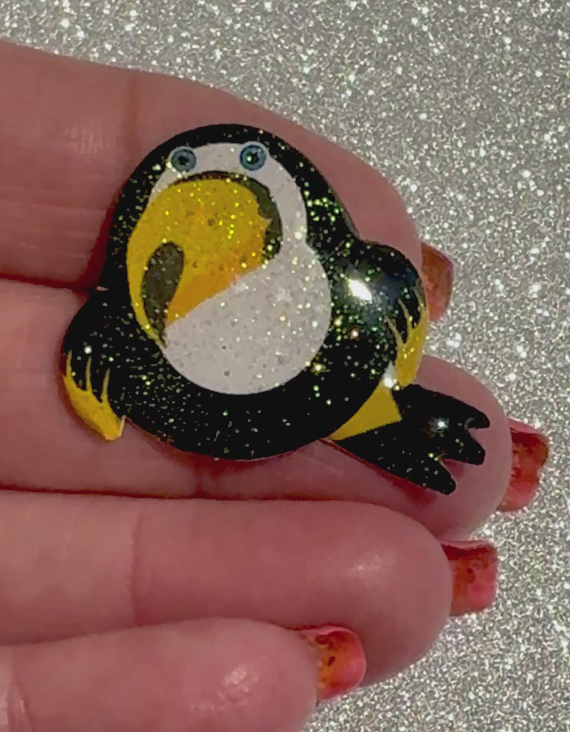 Chubby Toucan pin made from tin cans