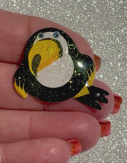 Chubby Toucan pin made from tin cans