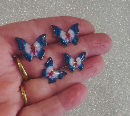 Pretty pink and blue butterfly stud earrings. made From recycled soda/drink cans