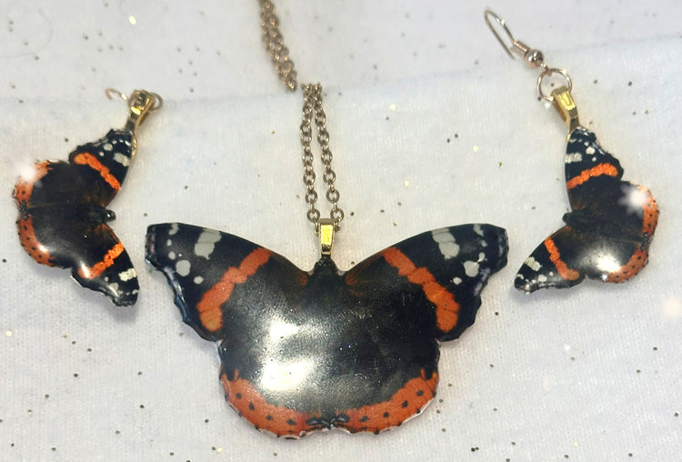 Red Admiral resin  jewellery pendant and earrings