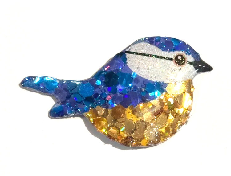 glittery bluetit enamel pin