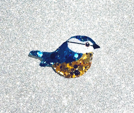 glittery bluetit enamel pin brooch