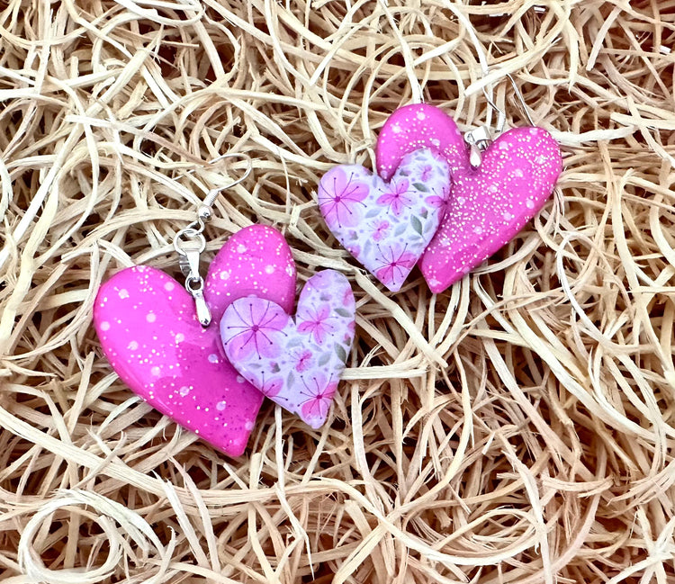 wonky heart pink resin tin earrings