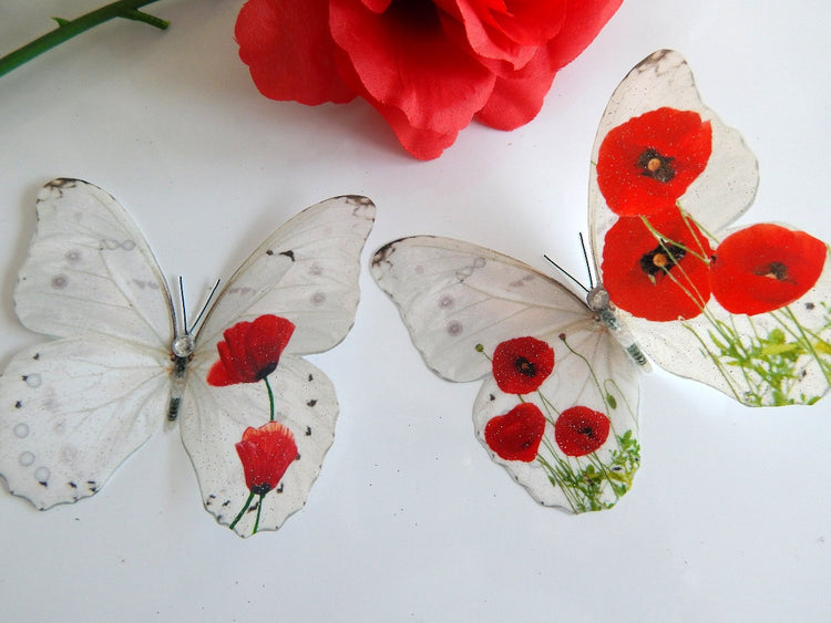 Red Poppy wall decor,3D Butterflies Poppies Home Accessories Bedroom Furniture Bathroom Mirror,window decoration,3d Poppy butterfly stickers