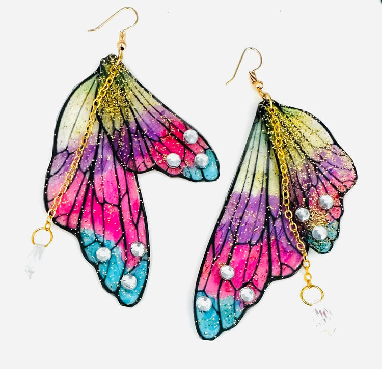 Large multi-colored Fairy Wing Earrings,Fairy Jewelry,Gay Pride,mystical Earrings,Fantasy Earrings, party Earrings,Drag Queen.Resin .Quirky