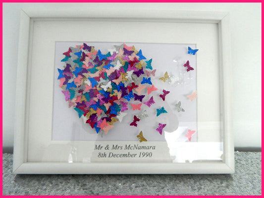 Wedding 3d glitter picture, butterfly heart picture,multi-coloured hand crafted made with lots of 3d butterflies