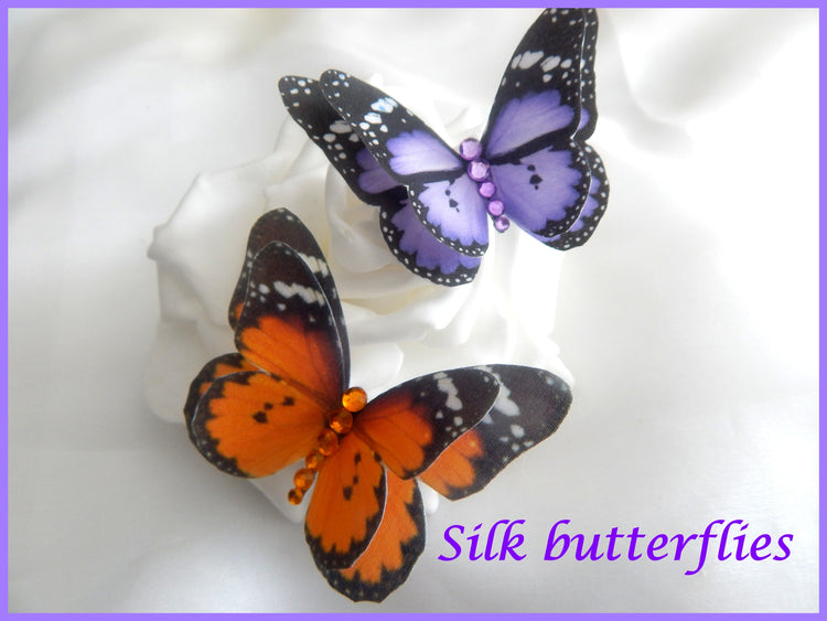 Orange or Purple Butterflies, hair accessory,handmade butterfly hair clip, cotton butterflies, wedding