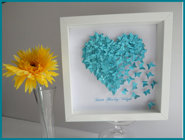 Anniversary, wedding butterfly heart personalised picture,Teal / Turquoise, glitter heart with lots of tiny butterflies unique hand crafted