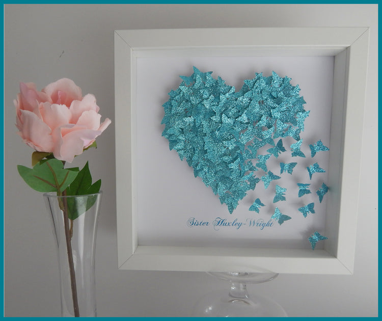 Anniversary, wedding butterfly heart personalised picture,Teal / Turquoise, glitter heart with lots of tiny butterflies unique hand crafted